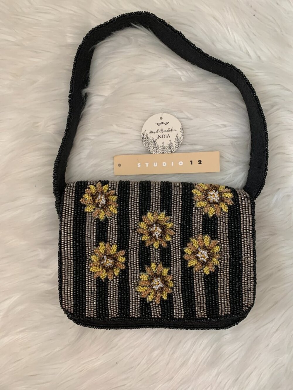 STUDIO 12 Sunflower Seed Beaded Clutch Bag in Black Multi